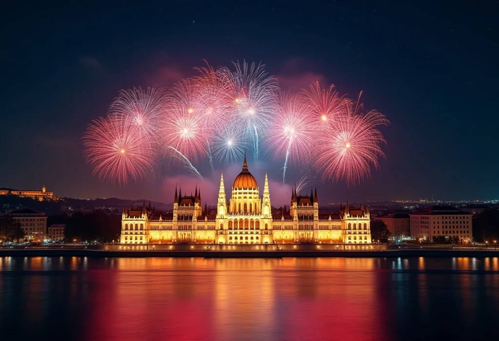 Budapest látképe szilveszter éjszakáján