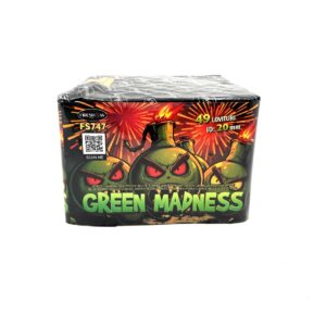 Green Madness tűzijáték telep 49 lövéssel, 20 mm-es kaliberrel, élénk zöld és arany színekkel