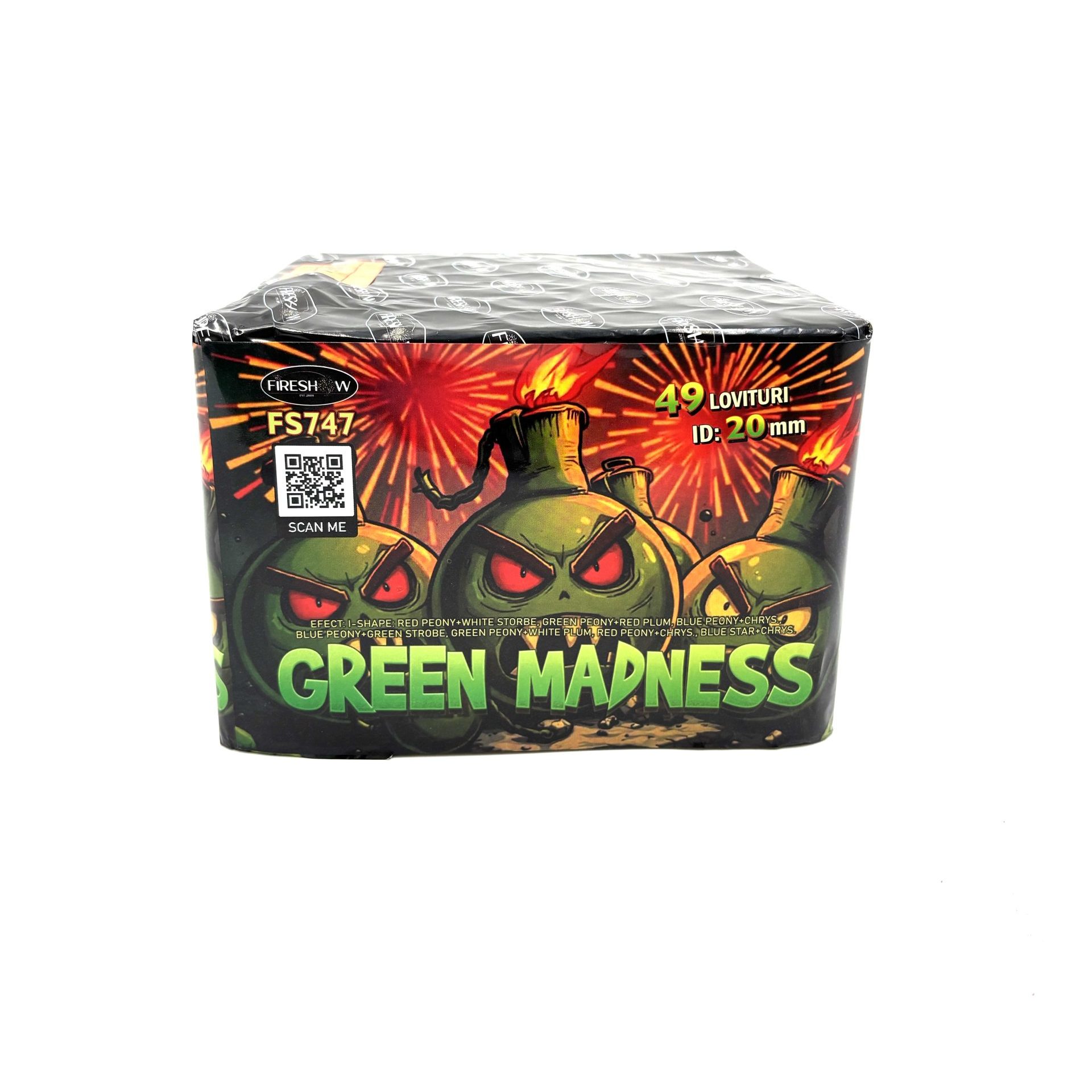 Green Madness tűzij&aacute;t&eacute;k telep 49 l&ouml;v&eacute;ssel, 20 mm-es kaliberrel, &eacute;l&eacute;nk z&ouml;ld &eacute;s arany sz&iacute;nekkel