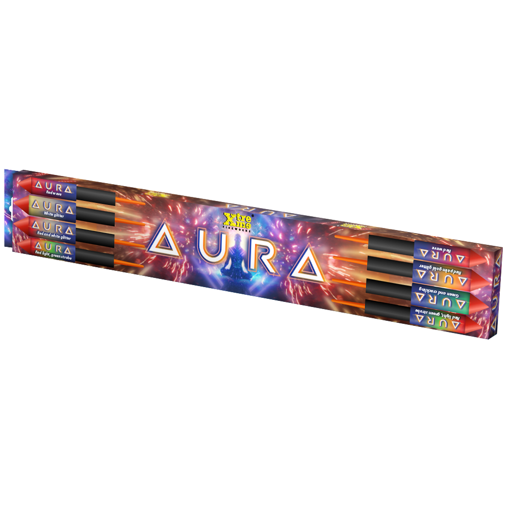 RP49 AURA rak&eacute;tacsomag &ndash; 8 db rak&eacute;ta, 25 mm &eacute;s 27 mm kaliber, v&ouml;r&ouml;s, z&ouml;ld, feh&eacute;r, arany effektekkel
