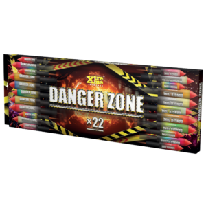 RP50 Danger Zone rakétacsomag – 22 rakéta, 25 mm, 38 mm és 42 mm kaliber, színes és glitteres effektekkel