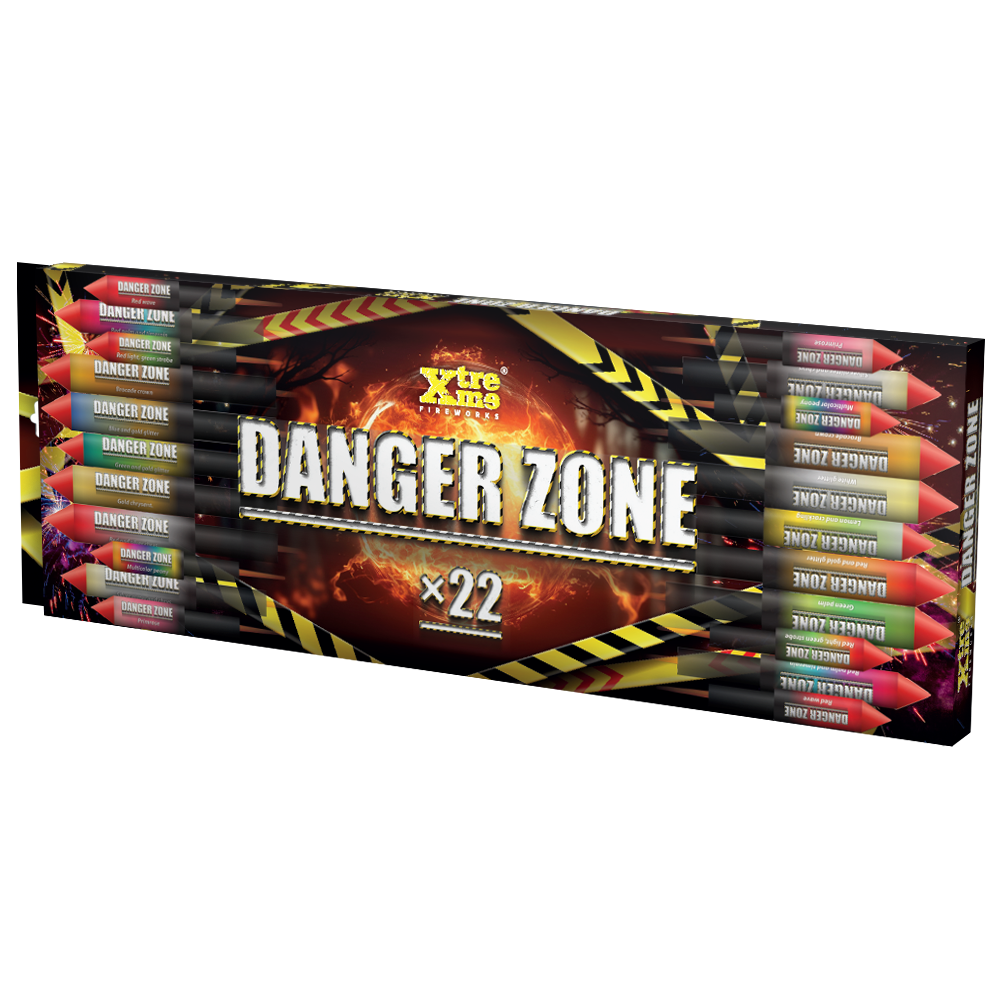RP50 Danger Zone Raketenset – 22 Raketen, Kaliber 25 mm, 38 mm und 42 mm, mit Farb- und Glitzereffekten