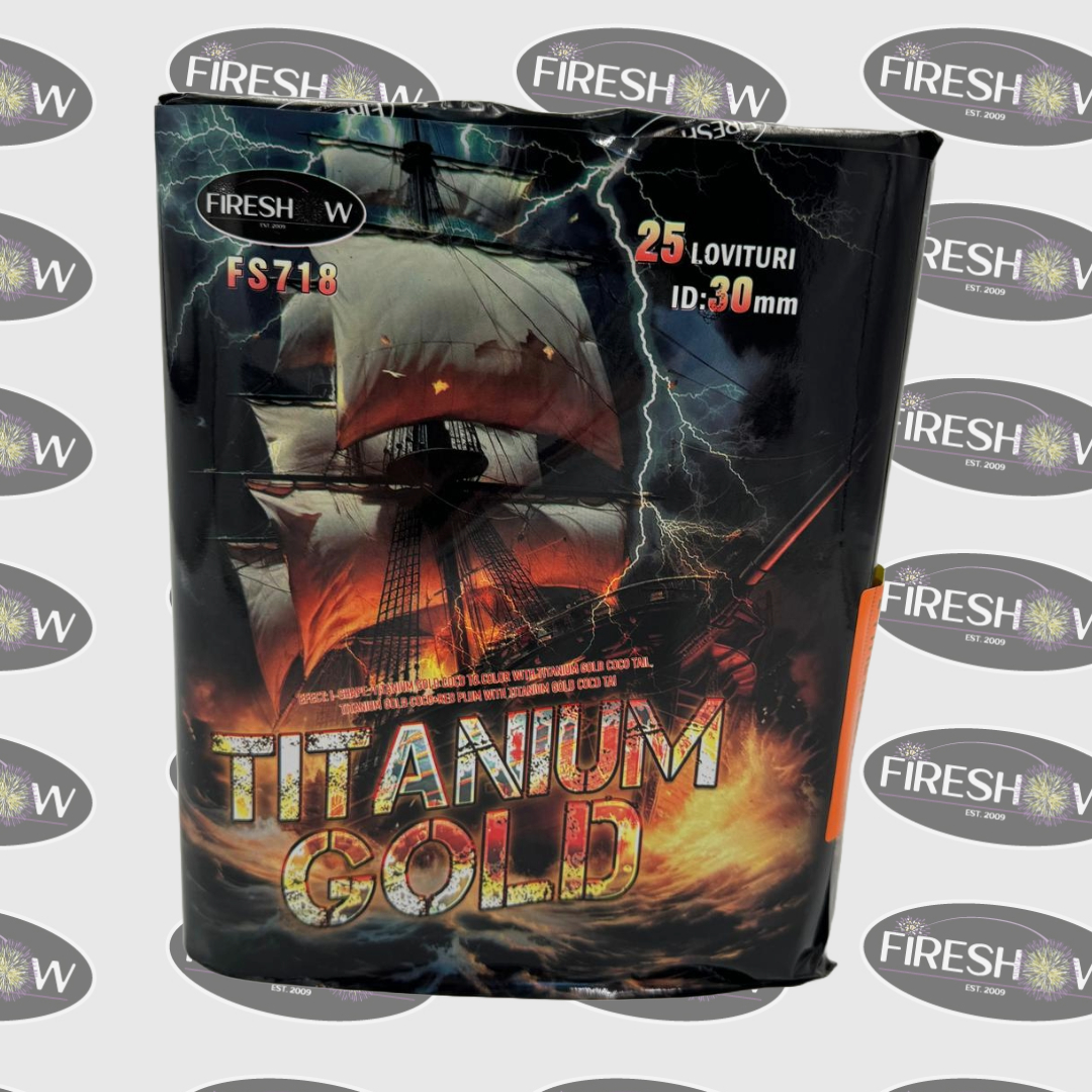 Titanium Gold tűzij&aacute;t&eacute;k telep 25 l&ouml;v&eacute;ssel, 30 mm kaliberrel, Fireshow m&aacute;rka