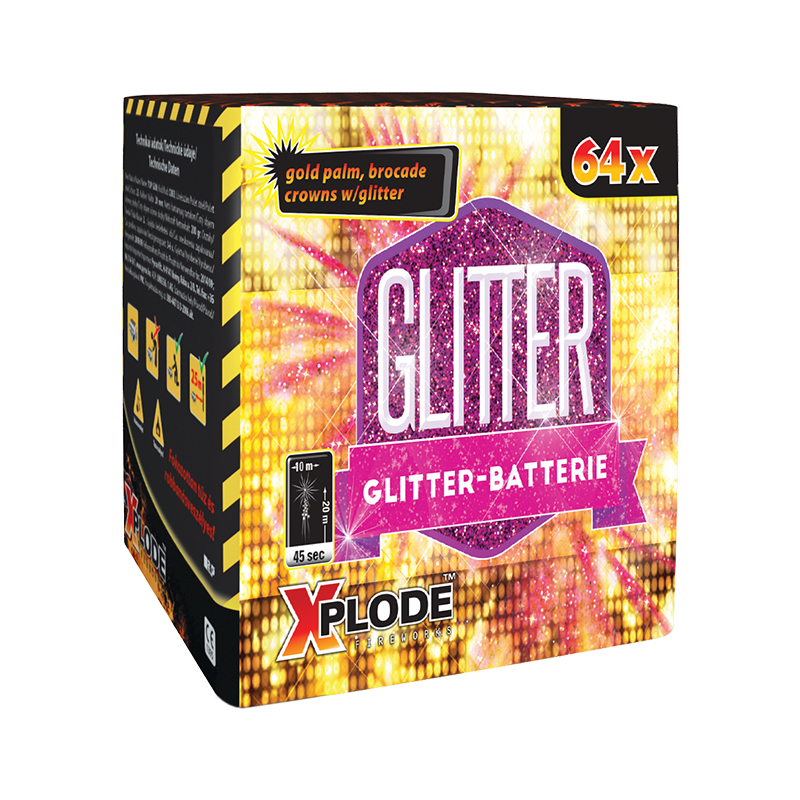 Glitter Feuerwerksbatterie 64 Schuss, 20 mm Kaliber, mit goldfarbenen Lichteffekten