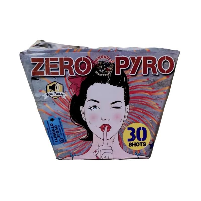 Zero Pyro tűzij&aacute;t&eacute;k telep 30 mm-es kaliberrel, 30 l&ouml;v&eacute;ssel, 495 g nett&oacute; hat&oacute;anyag-tartalommal &eacute;s alacsony zajszinttel.